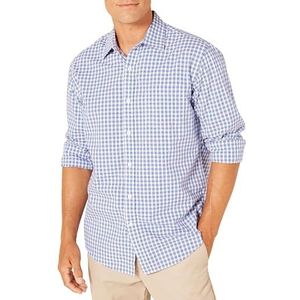 Amazon Essentials Men's Casual poplin overhemd met normale pasvorm en lange mouwen, Blauw Wit Geruit, XS