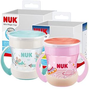 NUK Mini Magic Cup Night tuitbeker |6+ maanden |160 ml |Lekvrije 360°-drinkrand om vanaf elke kant te kunnen drinken|Geeft licht in het donker| Makkelijk vast te pakken handgrepen|Roze|2 stuks