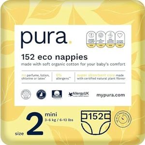 Pura Premium Eco babyluiers maat 2 (mini 3-6 kg/6-13 lbs) 4 x 38 per verpakking, 152 duurzame luiers voor baby's, parfumvrij, klinisch getest en hypoallergeen