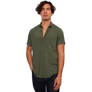 Trendyol Mannelijke Regelmatige Basic Shirt Kraag Geweven Overhem, Kaki, XL