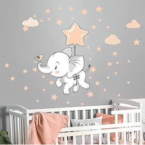 Muursticker kinderen - babykamer - muursticker kinderkamer - muursticker vrolijke olifant + 120 sterren - muursticker jongen - H40 x L30 cm