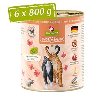GranataPet Delicatessen Kalf- en konijnen, 6 x 800 g, natvoer voor katten, kattenvoer voor fijnproevers, voer zonder granen en zonder toegevoegde suikers