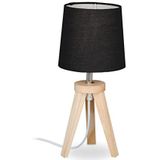 Relaxdays tafellamp driepoot, hout & stof, E14, Scandinavisch design, HxØ: 31x14 cm, ronde nachtkastlamp, naturel/zwart