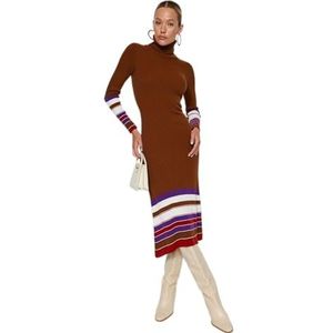 Trendyol FeMan Design Shift Regular fit gebreide jurk, bruin, L, Bruin, L