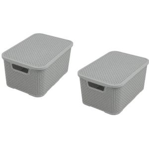 BranQ - Home essential Basket met deksel in rotan design set van 2 maten M 10 L BPA-vrij plastic PP lichtgrijs 28,8 x 19,7 x 16,2 cm verpakking van 2