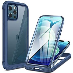 Miracase 360 graden hoesje compatibel met iPhone 12/12 Pro (6,1 inch), volledige beschermhoes met ingebouwde glazen schermbeschermer, blauw