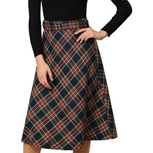 Allegra K Dames tartan geruite rok vintage hoge taille riem A-lijn midi-rokken, Donkerblauw, 34
