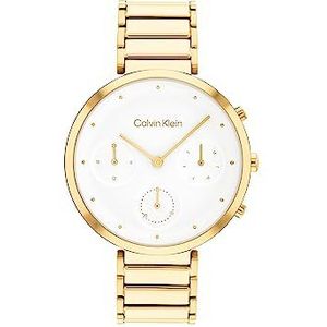 Calvin Klein Analoog multifunctioneel kwartshorloge voor dames, minimalistische T-BAR collectie met roestvrijstalen armband, Wit & Goud, armband