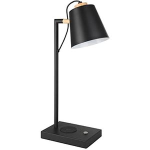 EGLO LED tafellamp Lacey, nachtlampje met QI-oplaadfunctie, nachtlamp touch dimbaar van natuurlijk hout en metaal in zwart en creme, tafel lamp voor woonkamer en slaapkamer, warm wit