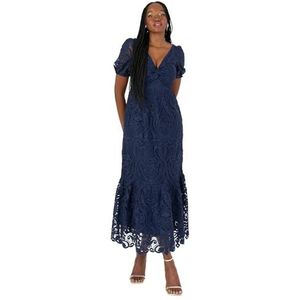 Maya Deluxe Dames Midi Jurk Dames V-hals Korte pofmouwen Twist Front Kant Tiered Bottom Hemline A-lijn Bruiloft Gast gelegenheid, Donkerblauw, 38