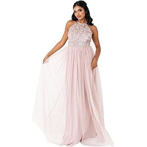 Maya Deluxe Maxi-jurk voor dames, bruidsmeisje, halterjurk, pailletten, versierd, eindexamenfeest, bruiloft, Frosted Roze, 32