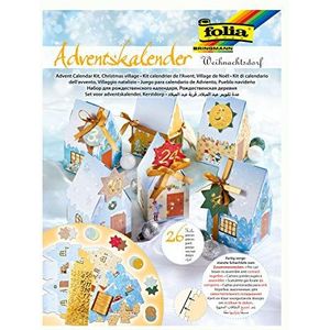 folia 9391 Adventskalender met kerstdorp, voorgestanste doosjes in de vorm van 24 huisjes om in elkaar te steken, met glitterapplicaties, ideaal voor kleine cadeaus in de advent