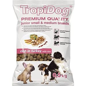 Premium droog hondenvoer rijk aan kalkoen met rijst voor puppy's van honden van kleine en middelgrote rassen 500g