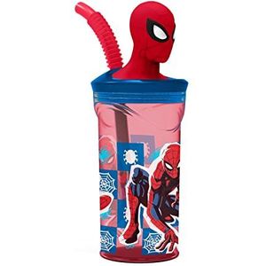 p:os 35478 - Spiderman drinkbeker voor kinderen met geïntegreerd rietje, deksel en 3D figuur, drinkschaal met ca. 360 ml inhoud, ideaal voor koude dranken