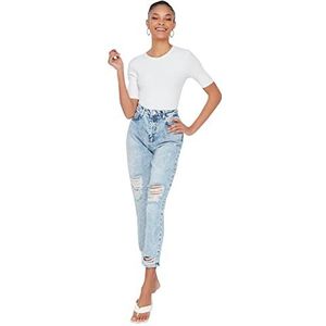 Trendyol Vrouwen gescheurde gedetailleerde hoge taille Mom Jeans, Blauw, 60