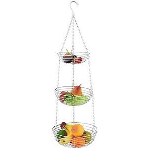 Relaxdays hangende fruitmand, HxØ: 82x26,5cm, 3 lagen, metaal, ronde draadmand voor fruit & groente, fruitschaal, zilver
