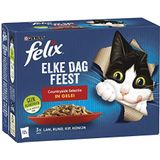 Felix Elke Dag Feest Countryside Selectie kattenvoer, natvoer met Lam, met Rund, met Kip en met Konijn in Gelei 12x85g- doos van 4 (48 portiezakjes, 4,08kg)