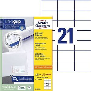 AVERY Zweckform 3652-200 adresstickers (4.200 plus 420 zelfklevende etiketten extra, 70 x 42,3 mm op A4, bedrukbare afzenderetiketten, zelfklevende adresetiketten met ultragrip), 220 vellen, wit