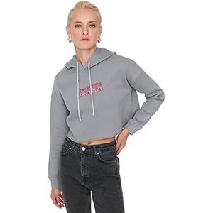 Trendyol Dames capuchon met Slogan Crop Sweater, Grijs, XS, Grijs, XS