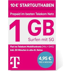 Deutsche Telekom MagentaMobil Prepaid S SIM-kaart zonder contractbinding, 5G incl. I1 GB & Flat in het mobiele netwerk, 50 minuten vrij in alle andere netwerken, surfen met 5G/LTE Max, 10 EUR