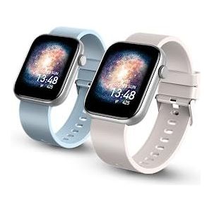 SPC Smartee Duo Smartwatch met verwisselbare armband, groot display van 1,8 inch, 21 sportmodi, 7 dagen batterijduur, IP68, hartslag, Android en iOS, kleur beige/hemelsblauw