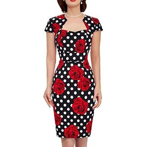 Womens 50s Vintage Pencil Dress for Cocktail Cap Sleeve Bodycon Rose Pattern Dress
