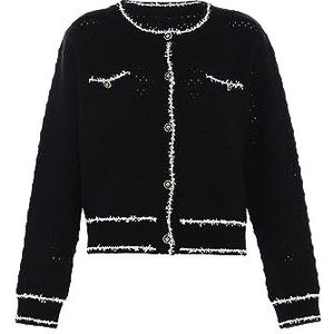 faina Dames Vintage Button Contrast Gebreide Cardigan Sweater Acryl ZWART WILWIT Maat M/L, zwart, wolwit., M