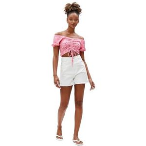 Koton Dames T-shirt met korte mouwen, off-shoulder, bloemen crop T-shirt, Roze Design (2D7), M