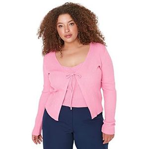 Trendyol Dames V-hals Plain Slim Plus Size Cardigan Sweater, Roze, 5XL, roze, 5XL Grote maten