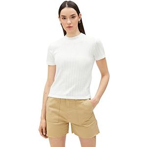 Koton Dames T-shirt met hoge hals gebreid patroon korte mouwen, gebroken wit (001), XL