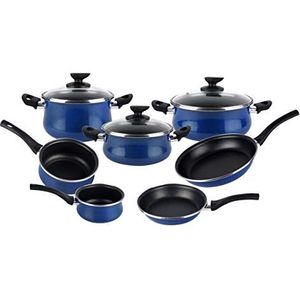 Magefesa Paula 10-delige pannenset, geëmailleerd, buitenkant blauw, anti-aanbaklaag, geschikt voor alle warmtebronnen, met name inductie, 50% energiebesparing
