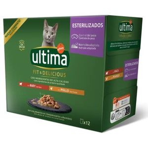 Ultima Natvoer voor katten, multipack kip en os, 12 x 85 g