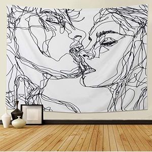 LOMOHOO Abstracte Schets Kunst Wandbehang Zwart en Wit Kussen Lovers Wandtapijt voor Slaapkamer Woonkamer Dorm Decor Muurkunst 130 x 150 cm