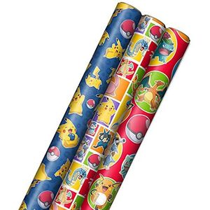 Hallmark Pokémon 3 rollen cadeaupapier met gesneden lijnen op de achterkant met pikachu, charmander, bulbasaure voor verjaardagen, kinderfeesten, spelers, kerstcadeaus