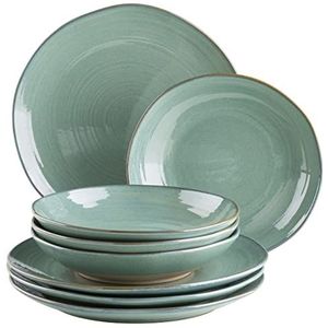 MÄSER Serie Nottingham, vintage bordenset voor 4 personen, 8-delig tafelservies met platte borden en soepborden in onregelmatig ronde retro-look, aardewerk, turquoise-groen