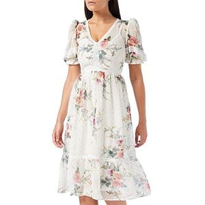 Frock and Frill Lurex jurk met bloemenprint voor dames, met kanten versieringen, speciale gelegenheden, Witte bloemenprint, 44 NL
