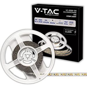 V-TAC LED-strip voor binnen, 8 W, SMD, 3528-5 meter, LED-strip voor thuis, keuken, kamer, interieur, warm wit, 3000 K, LED-strip, helderheid: 800 lumen, 12 V