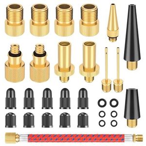 Romon 30-delige fietsventieladapterset, alle ventieladapters voor fiets SV AV DV, luchtpompadapters met afdichtring, Frans ventieladapter voor fietspomp, balnaald, compressor