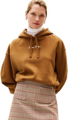 Tommy Hilfiger Dames Classic Script Fleece Hoodie, Bruin (Highland Khaki), XXS