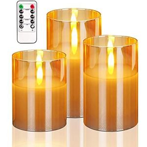 HIYAA Vlamloze ledkaarsen, gouden glas, op batterijen, flikkeren met afstandsbediening, 3D-lont, realistisch warm licht, led-kaarsen flikkeren met timer, voor bruiloft, feest, kerstdecoratie