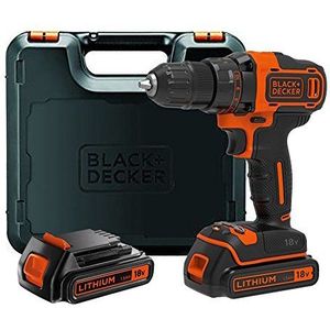 Black+Decker BDCDD186K Accuboormachine (met 2-versnellingsbak, 18 V, 1,5 Ah, inclusief 2 accu's en 400 mA oplader in koffer, met dubbele bit, led-werklicht, antislip softgrip)