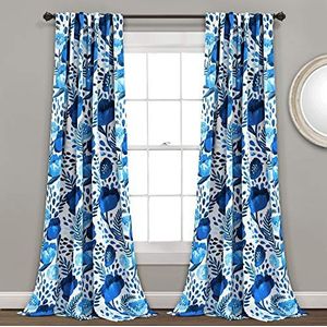Lush Decor, Blauwe klaprozen tuingordijnen lichtfilterend vensterpaneelset voor woonkamer, eetkamer, slaapkamer, 241,3 x 132,1 cm