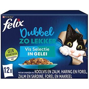 Felix Dubbel Zo Lekker Vis Selectie kattenvoer, natvoer met Koolvis en Zalm, met Haring en Forel, met Zalm en Sardine, met Forel en Makreel in Gelei 12x85g - doos van 4 (48 portiezakjes, 4,08kg)