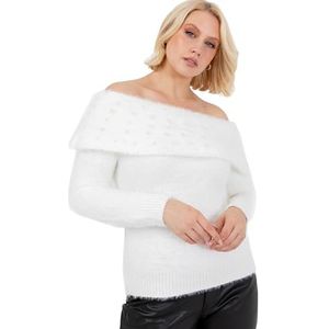 Lovedrobe Dames Jumper Jurk Dames Oversized Lange Trui Off Shoulder Bardot Lange Mouw Parel Verfraaid Knitwear, Ivoor 24-26, Ivoor, 50-52
