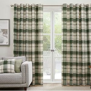 Fusion - Groene Tartan Gordijnen B 66 x L90 (168 x 229cm) - 100% Katoen - 2x Panelen - Olijfgroen Geruite Gordijnen - Groene Gordijnen met Ringen in Plaid - Donkergroene Gordijnen voor