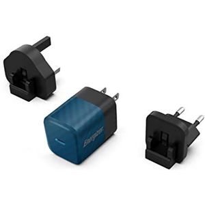 Energizer - Snellader USB-C 20 W - zonder kabel - 3 stopcontacten inbegrepen (EU/US/UK) - Blauw