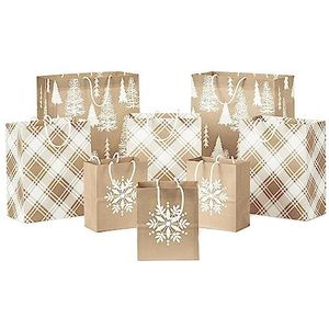 Hallmark Recyclebare Holiday Gift Bags (8 zakken: 3 kleine 6"", 3 Medium 9"", 2 Grote 13 inch) Kraft Bruin met sneeuwvlok, geruite en bomen voor Kerstmis, Hanukka, bruiloften, verjaardagen