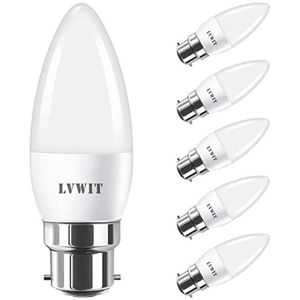 LED-lamp B22, 470 lm, 2700K warm wit, vervangt 40 Watt, 5W LED-lamp in kaarsvorm C37, mat (6 stuks) - LVWIT