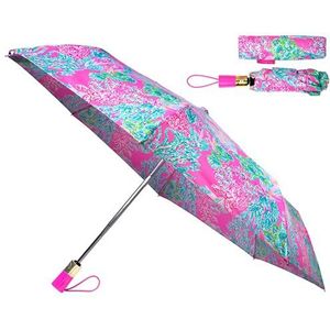 Lilly Pulitzer Reisparaplu voor dames met automatische open/sluiten en opberghoes, zeeende dingen, veelkleurig, goud