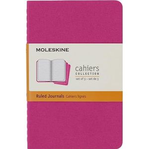 Moleskine Cahier Journal, Set 3 notebooks met gelijnde pagina's, kartonnen hoes met zichtbare katoenen plakken, kleur kinetisch roze, zak 9 x 14 cm, 64 pagina's